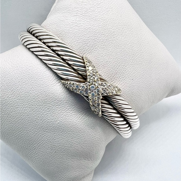 David Yurman Sterling Silver Double Row Diamond X Cable Bracelet - Picture 11 of 16